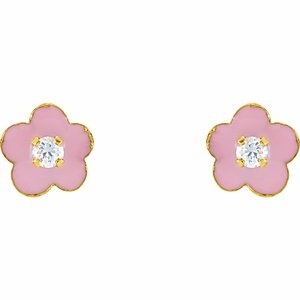 14K Yellow Gold 2 mm Imitation White Cubic Zirconia & Pink Enamel Flower Youth Earrings