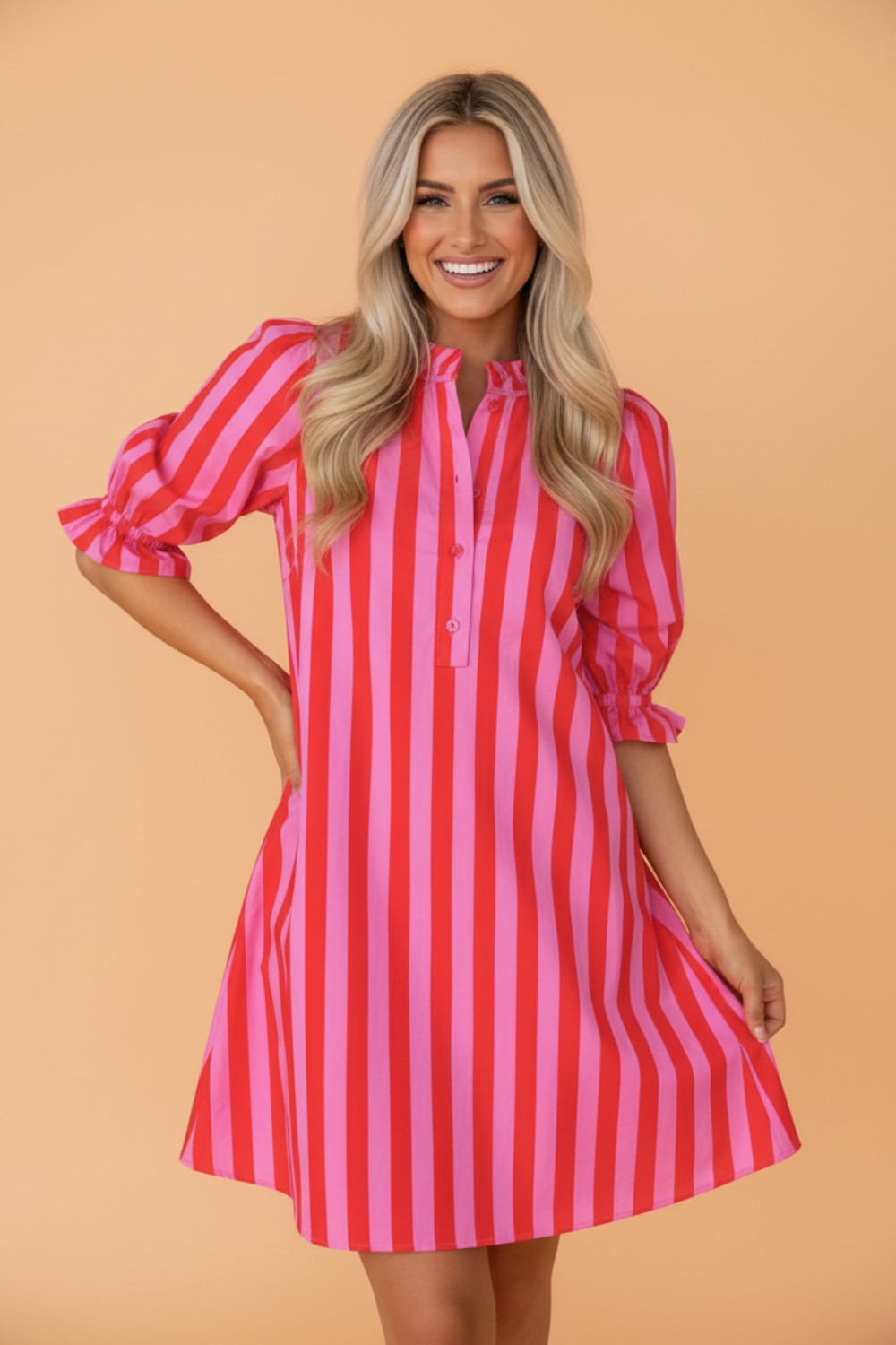 Stripe Half-Button Puff Sleeve Mini Dress