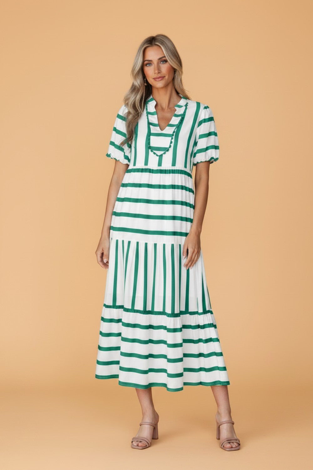 Stripe Ricrac Trim Notched Neck Midi Dress