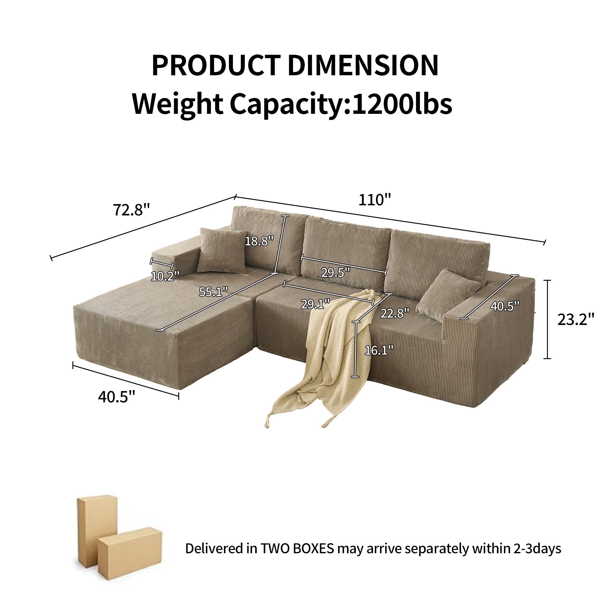110' Cloud Modular Sectional Sofa,Boneless Couch, No Assembly, 3 seater with Ottoman & 2 Pillows, Perfect for Living Rooms and Bedrooms  grey