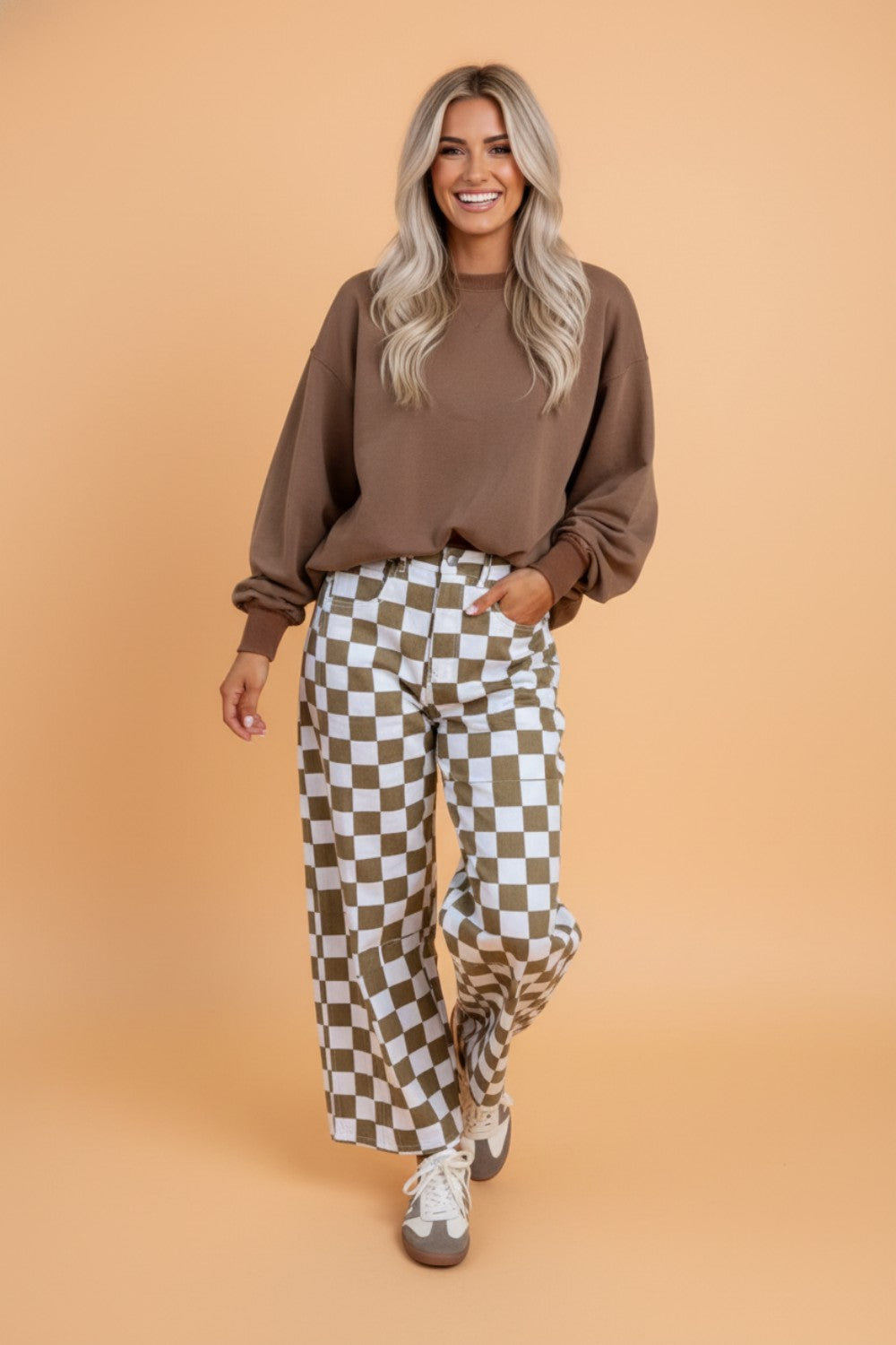 Checker Denim Barrel Leg Pants
