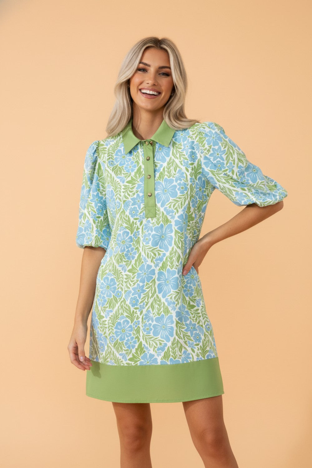 Floral Colorblock Patchwork Collar Mini Dress