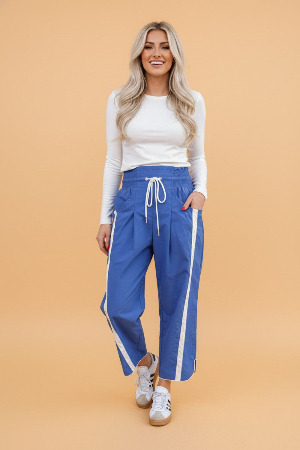 Stripe Smocked Waist Drawstring Cropped Pants