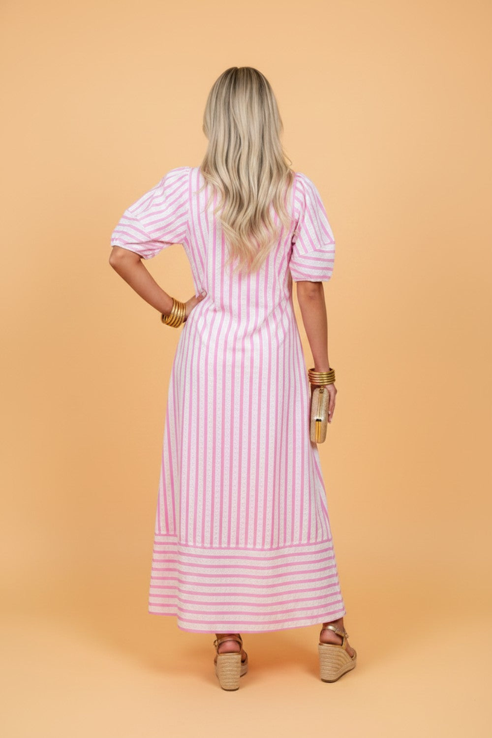 Stripe Short Sleeve V-Neck Maxi Dress