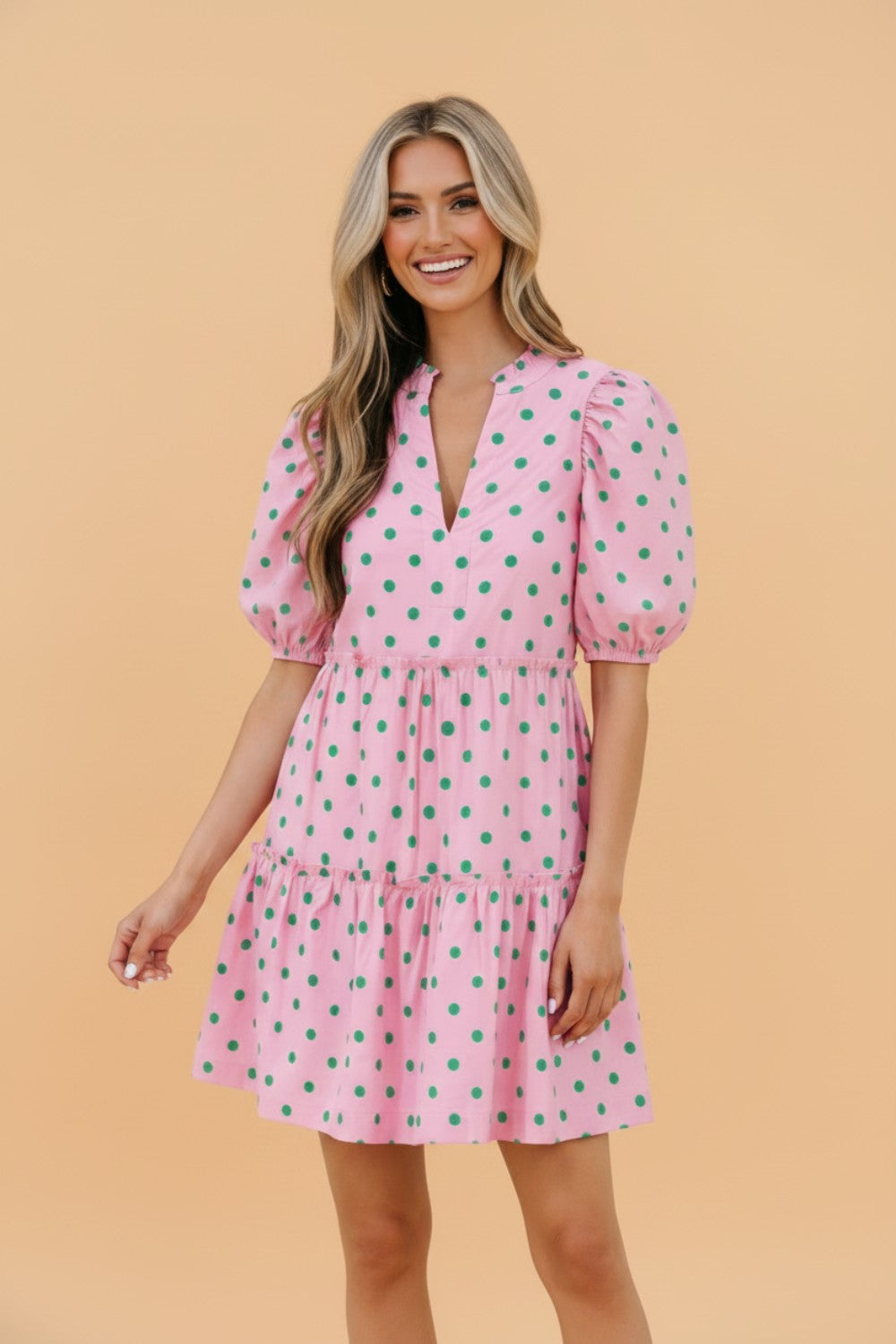 Polka Dot V-Neck Short Sleeve Tiered Mini Dress