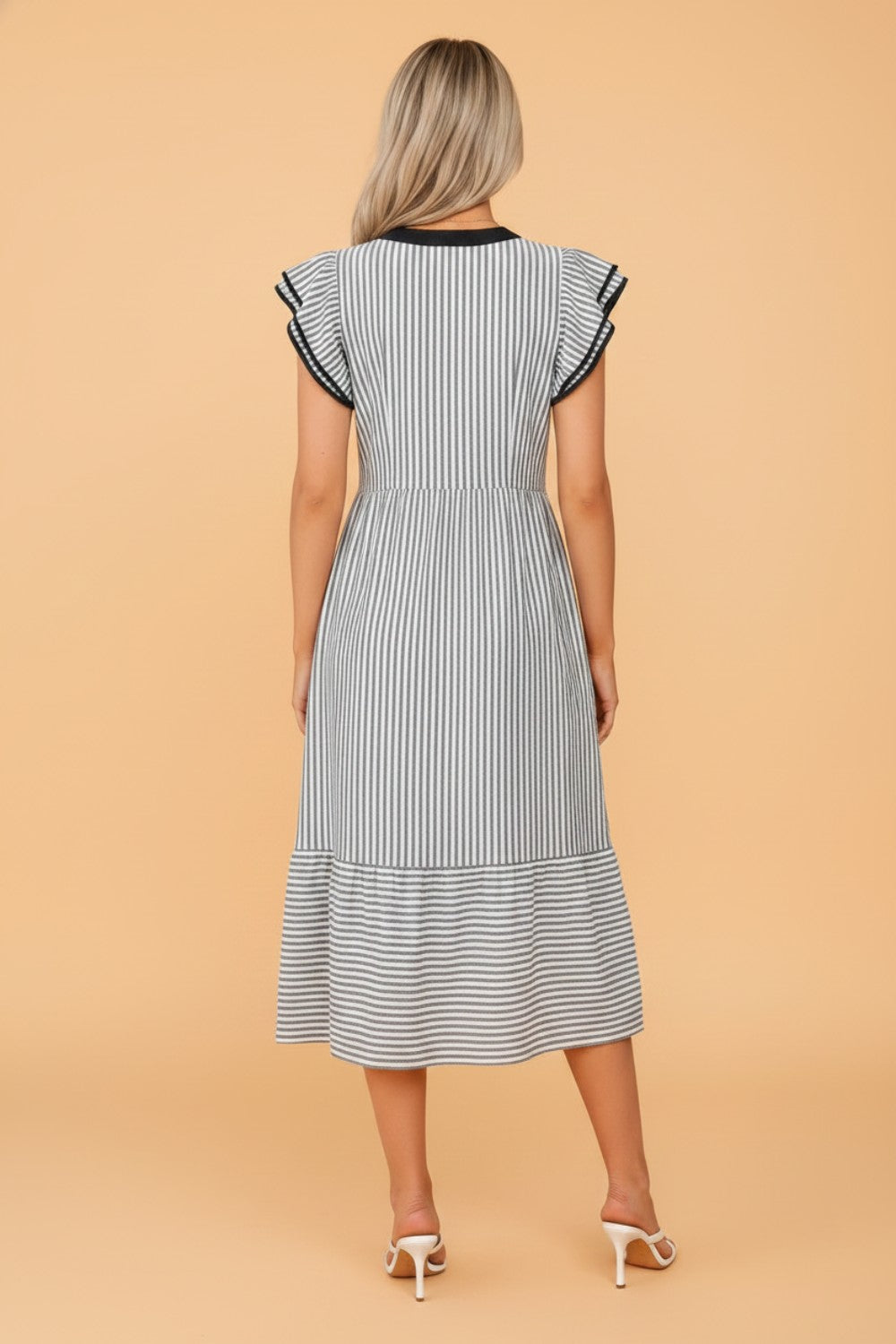 Stripe Contrast V-Neck Flutter Sleeve Midi Dress