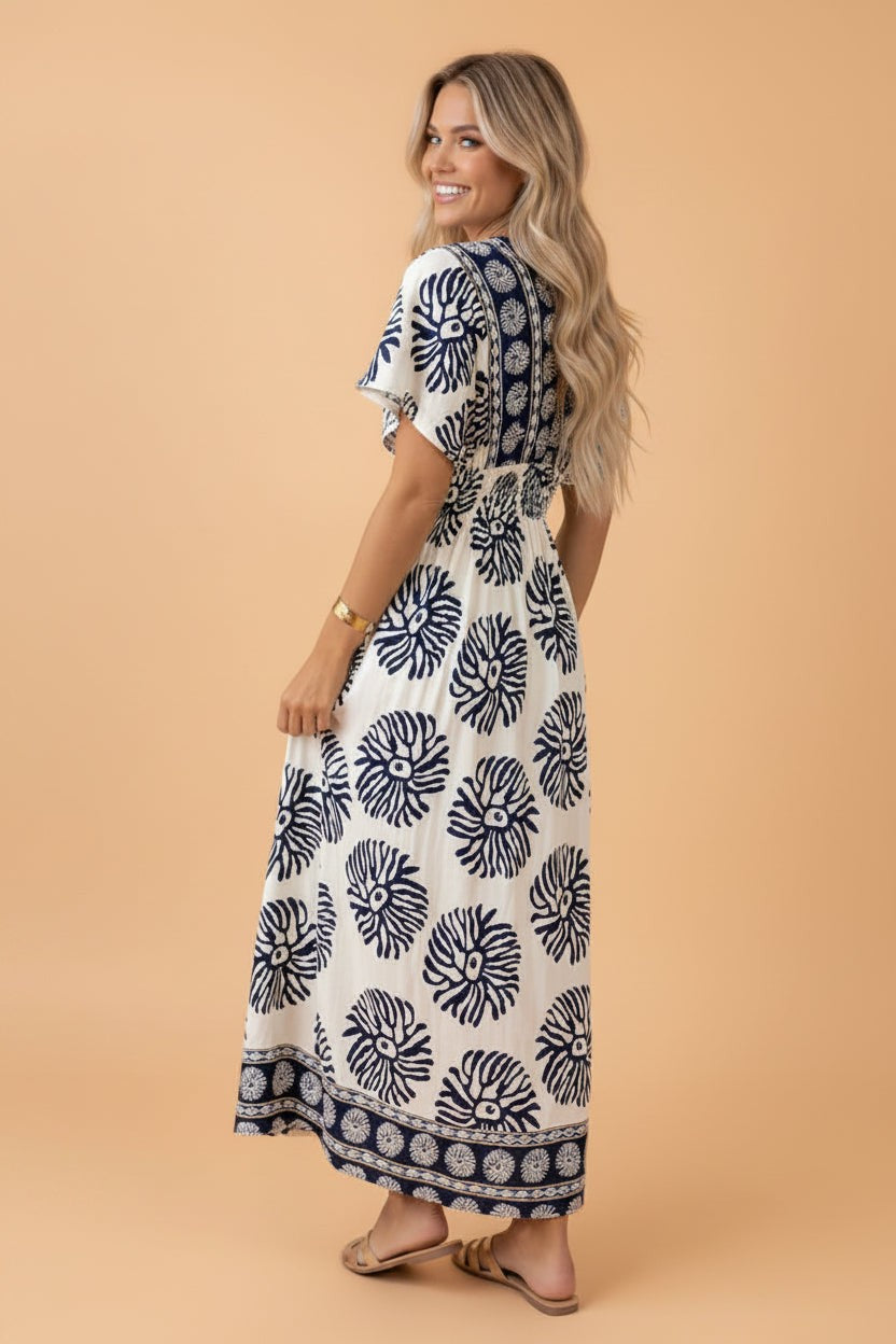 Boho Floral Patchwork V-Neck Dolman Maxi Dress
