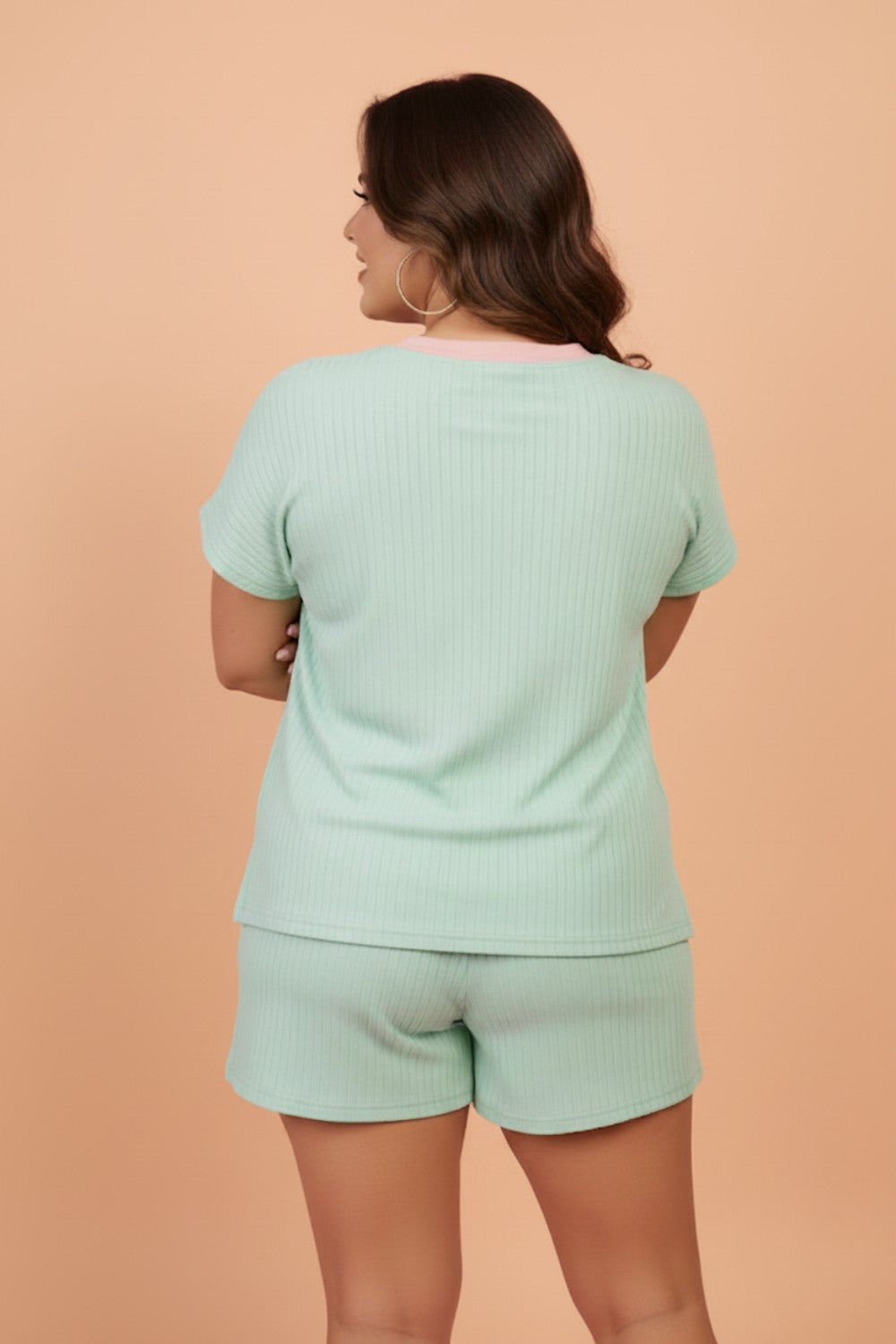 Plus Size Colorblock Ribbed Top & Drawstring Shorts Set