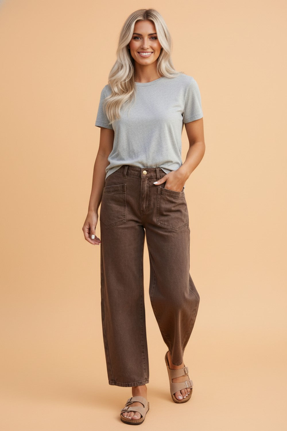 Solid Denim Patch Pocket Barrel Leg Jeans