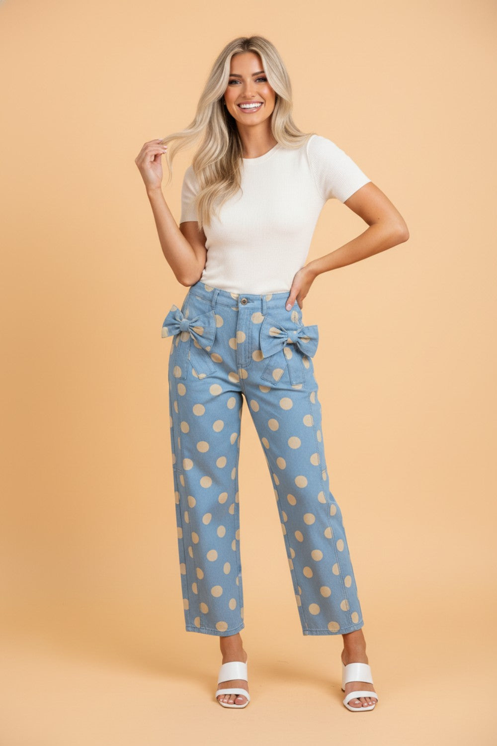 Polka Dot Denim Bow Pocket Barrel Leg Jeans