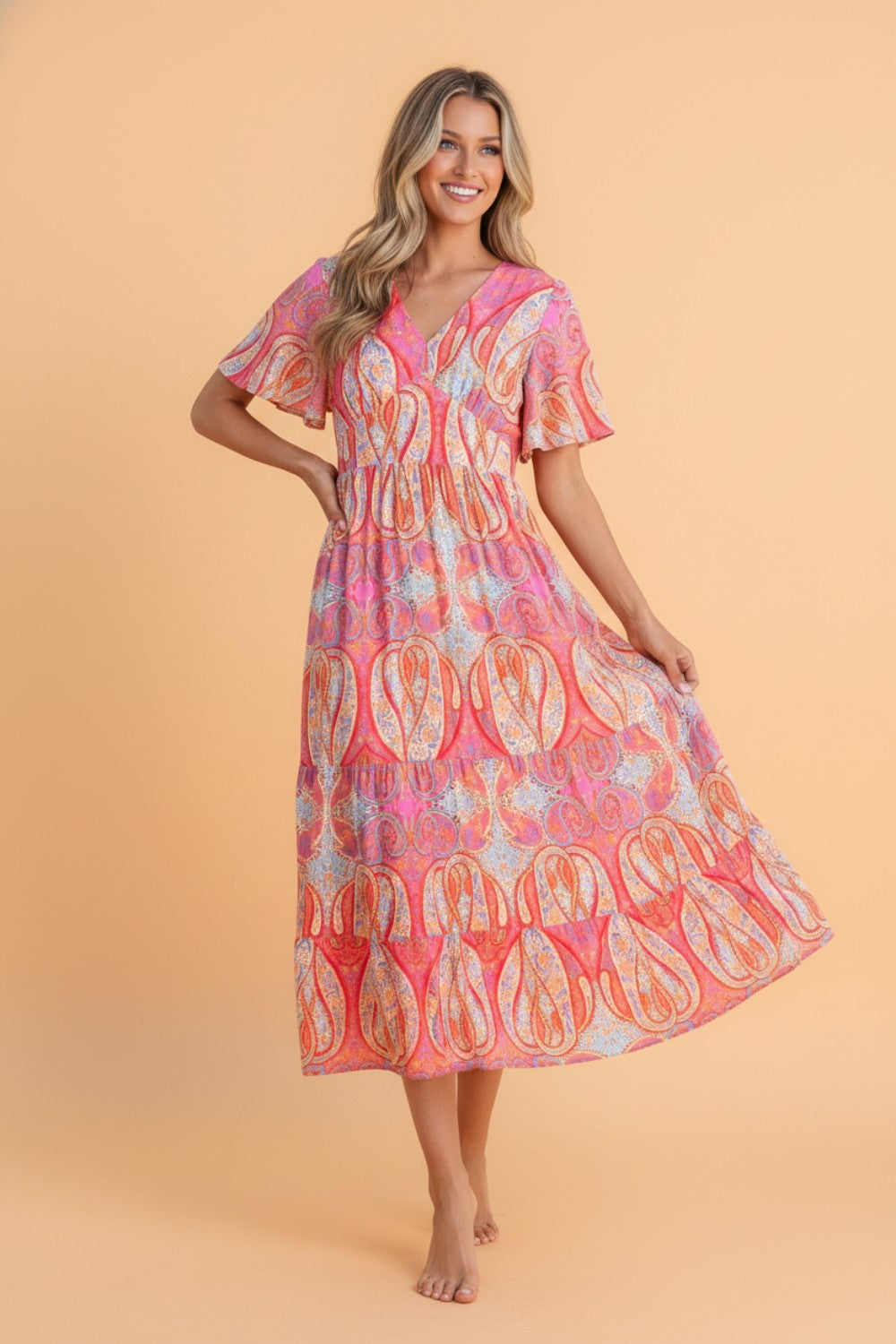 Boho Paisley V-Neck Short Sleeve Ruffle Maxi Dress