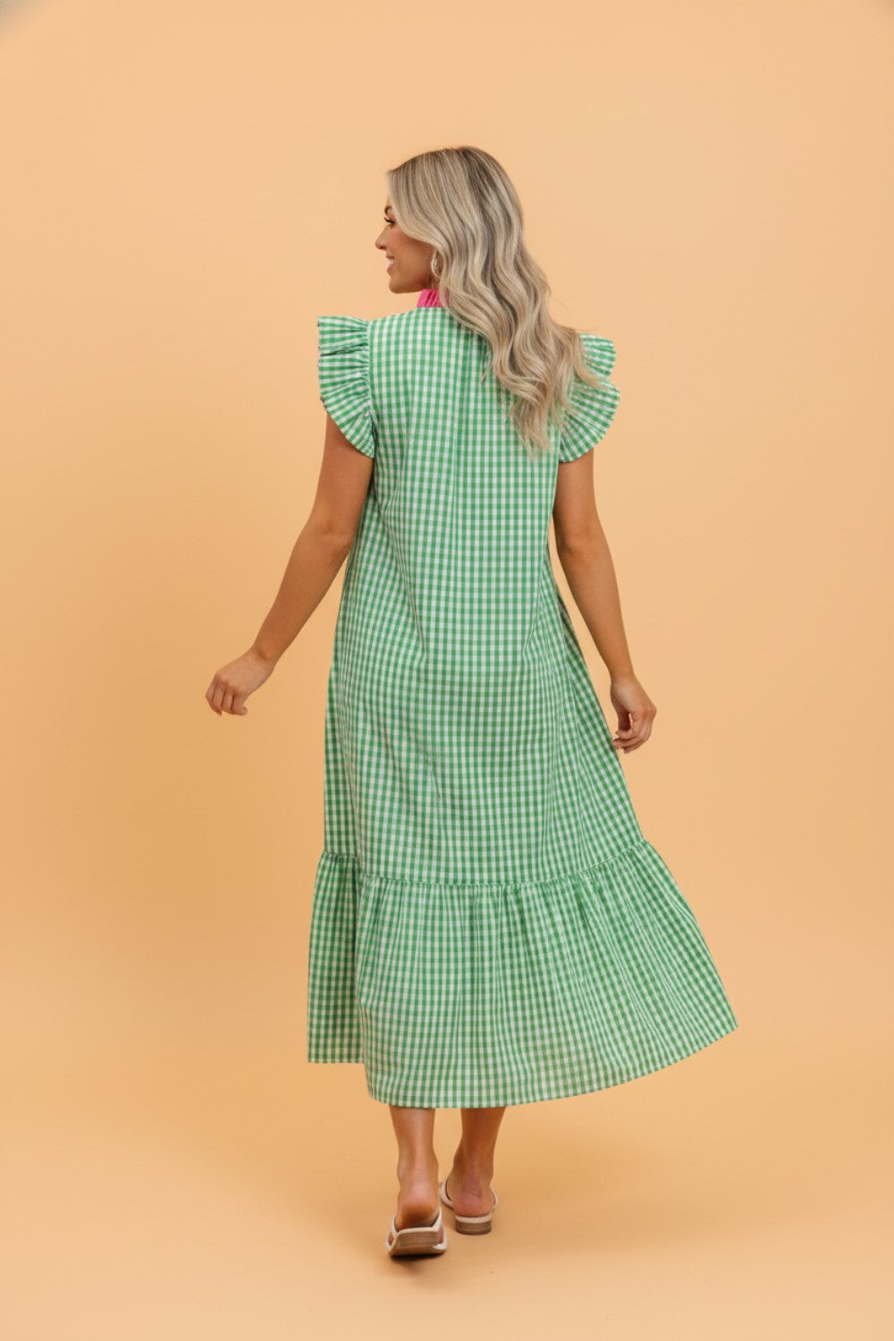Gingham Colorblock Ruffle Sleeve Midi Dress