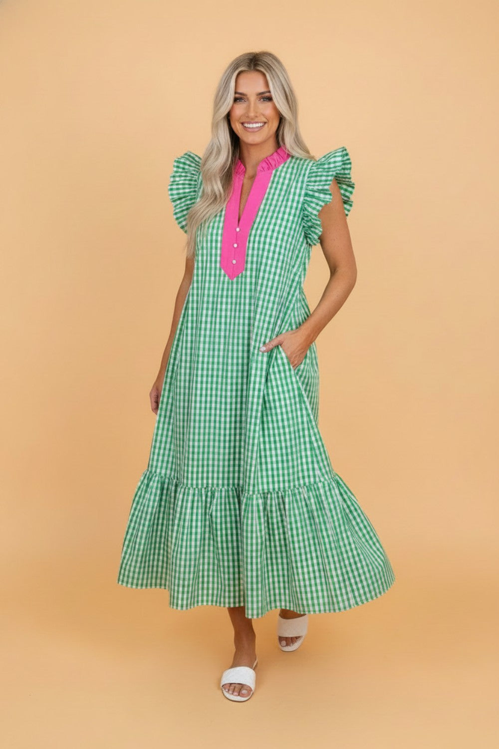 Gingham Colorblock Ruffle Sleeve Midi Dress