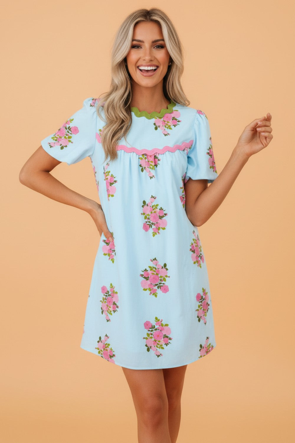 Floral Contrast Ricrac Trim Bubble Sleeve Dress