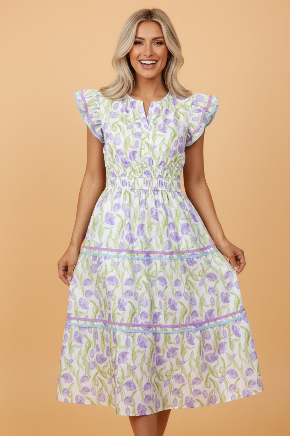 Floral Tulip Contrast Trim Midi Dress