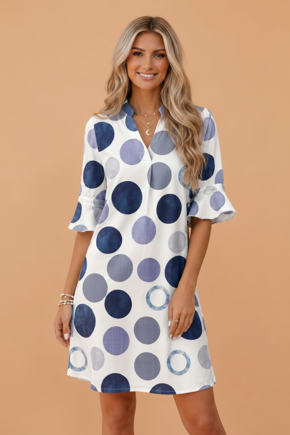 Polka Dot Flounced 3/4 Sleeve Mini Dress