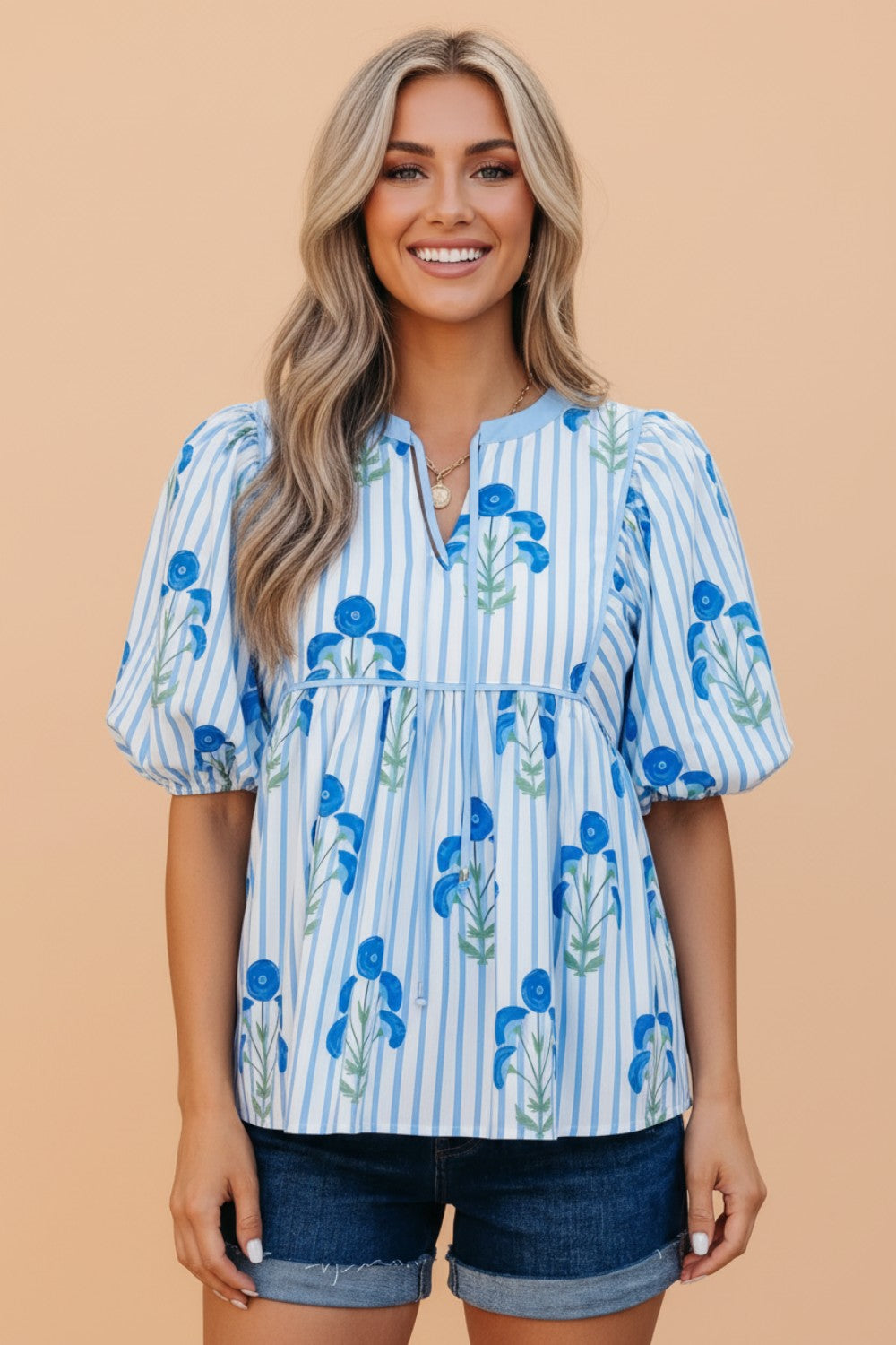 Floral Tie Neck Puff Sleeve Blouse