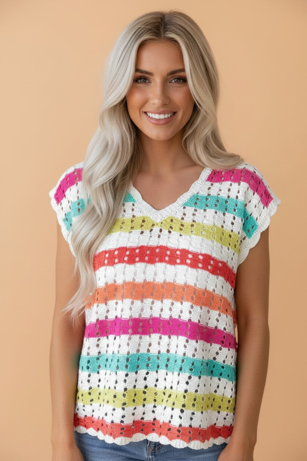 Stripe Eyelet Knit V-Neck Short Sleeve Sweater Tee