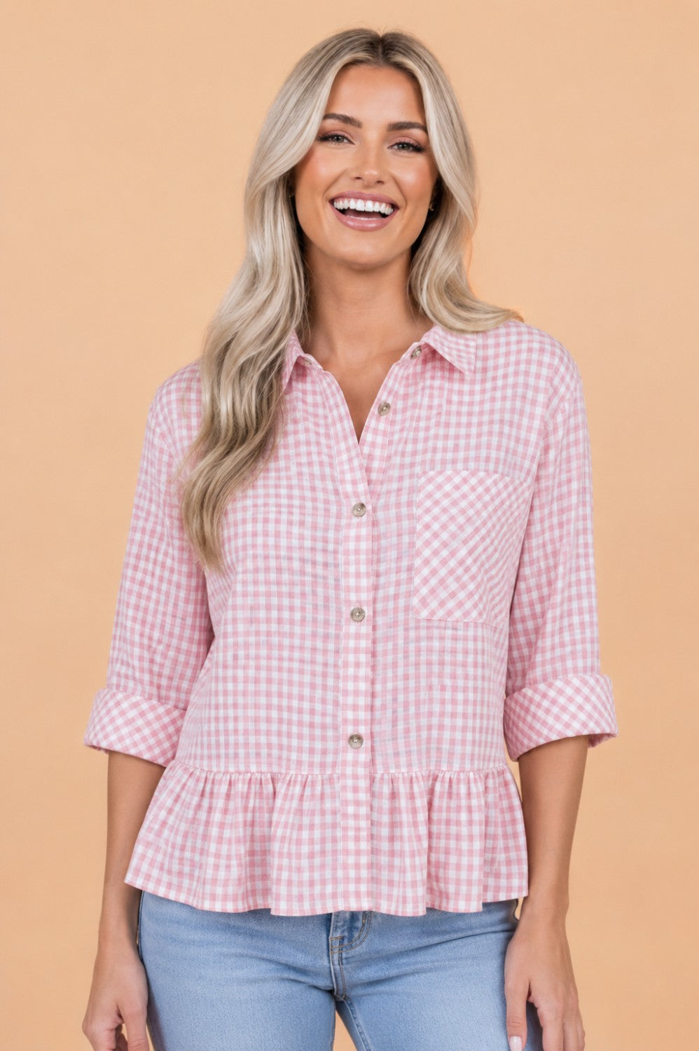 Gingham Plaid 3/4 Sleeve Ruffle Buttoned Shirt