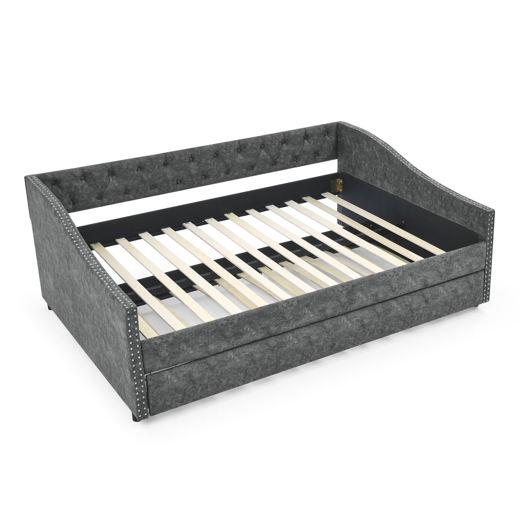 Full Size Daybed with Twin Size Trundle Upholstered Tufted Sofa Bed, with Button on Back and Copper Nail on Waved Shape Arms,Grey (80.5'x55.5'x27.5')