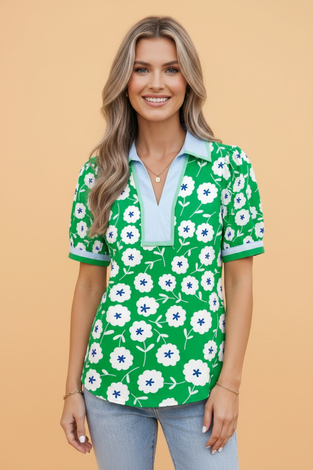 Flower Contrast Patchwork Collar Short Sleeve Blouse