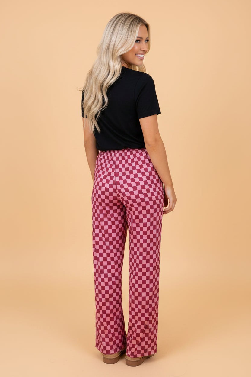 Checker Elastic Waist Wide Leg Pants