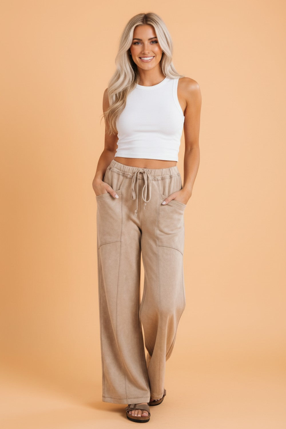 Solid Mineral Wash High Waist Wide Leg Pants