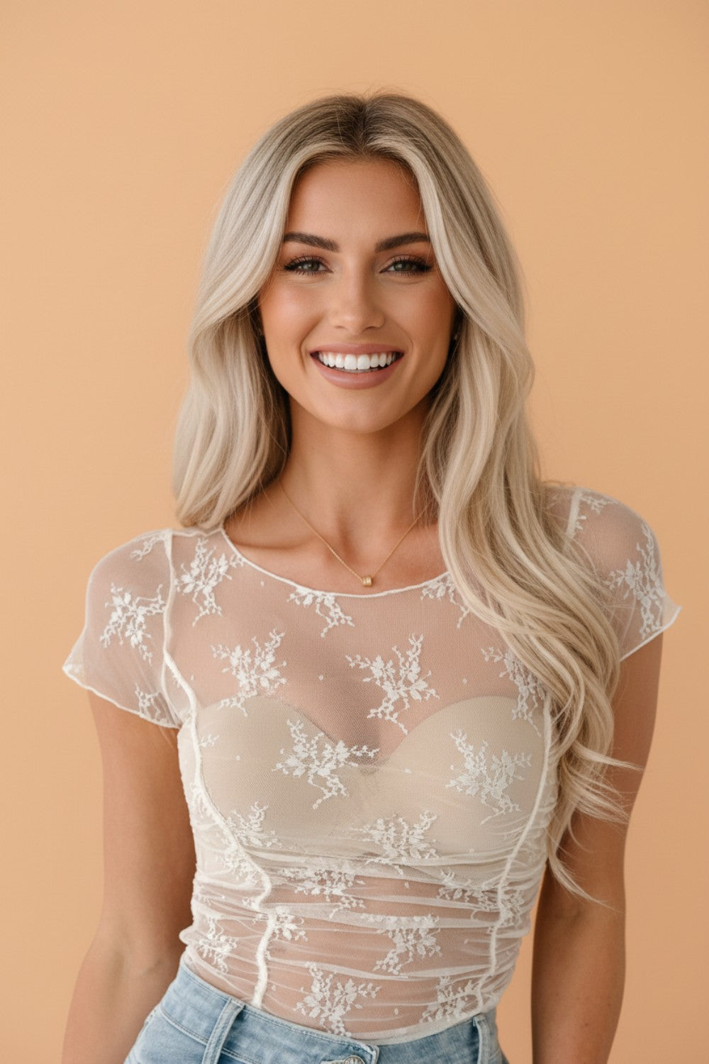 Floral Sheer Lace Mesh Exposed Seam Ruched Top