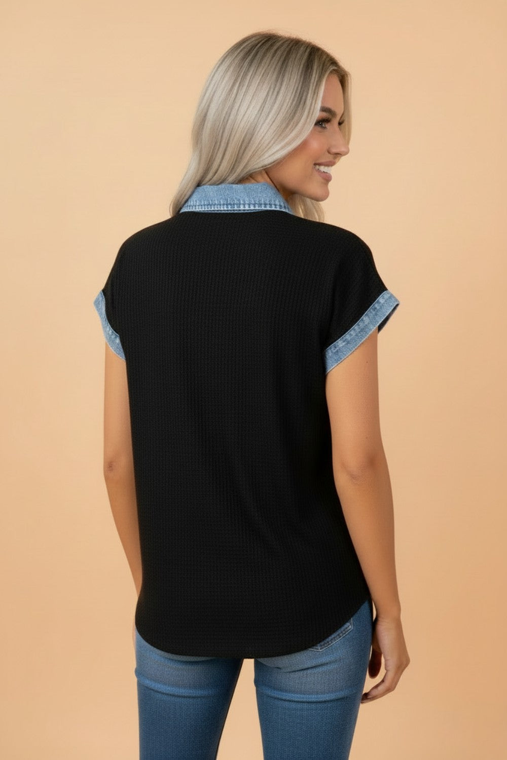 Colorblock Denim Patchwork Waffle Knit Buttoned Shirt