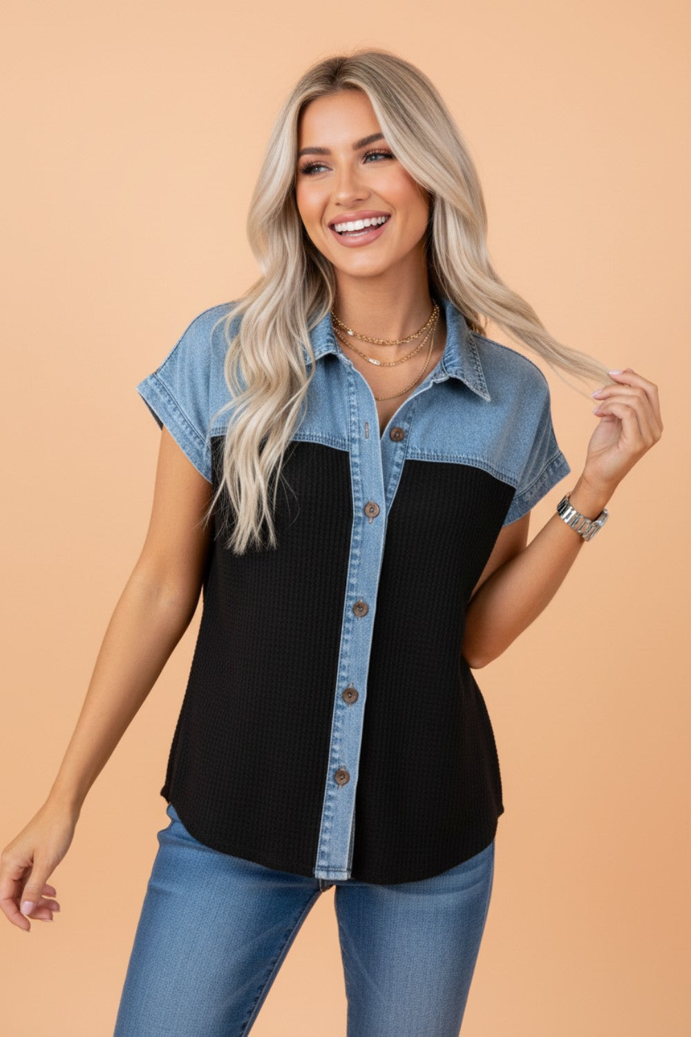Colorblock Denim Patchwork Waffle Knit Buttoned Shirt