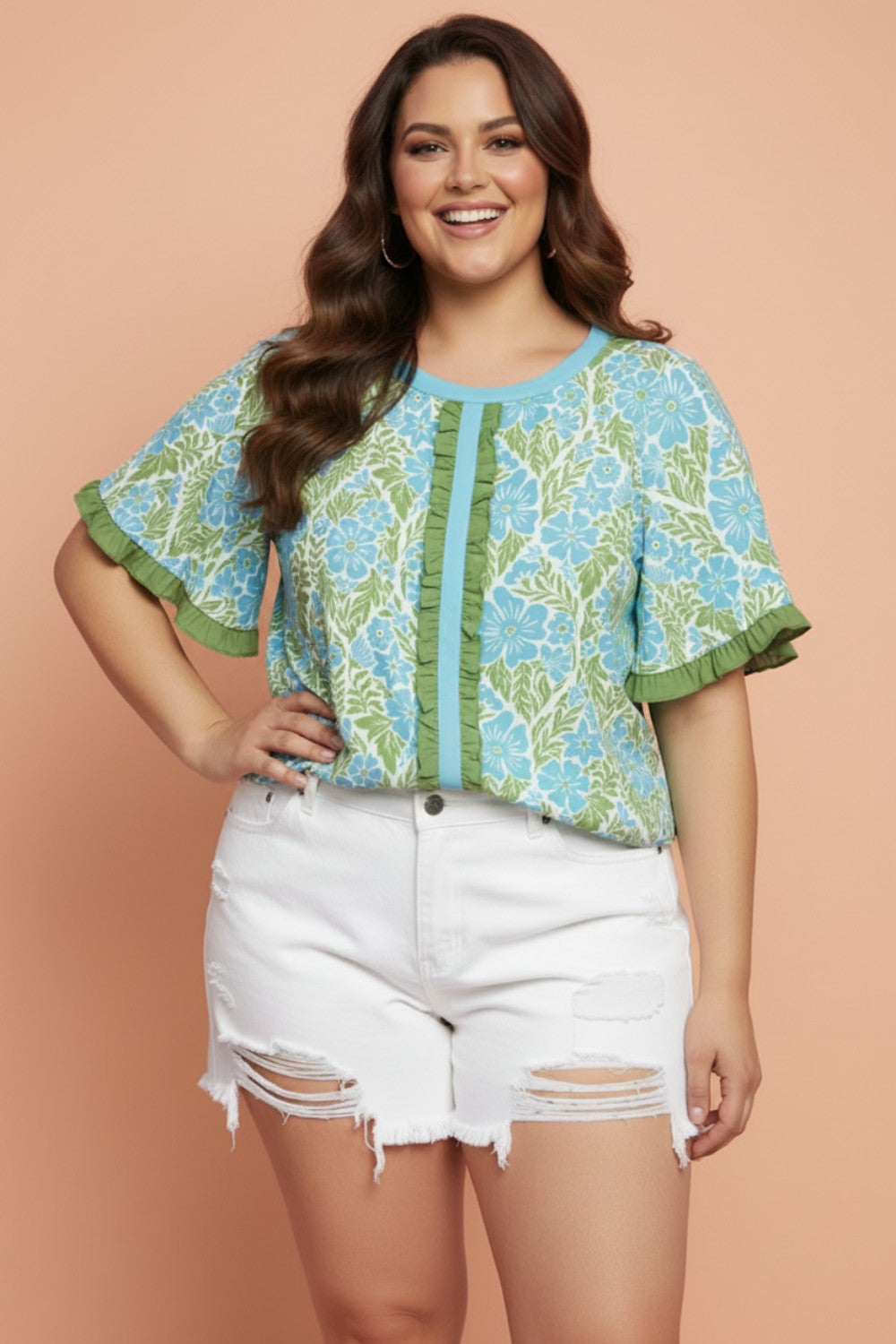Plus Size Floral Frilled Colorblock Trim Blouse