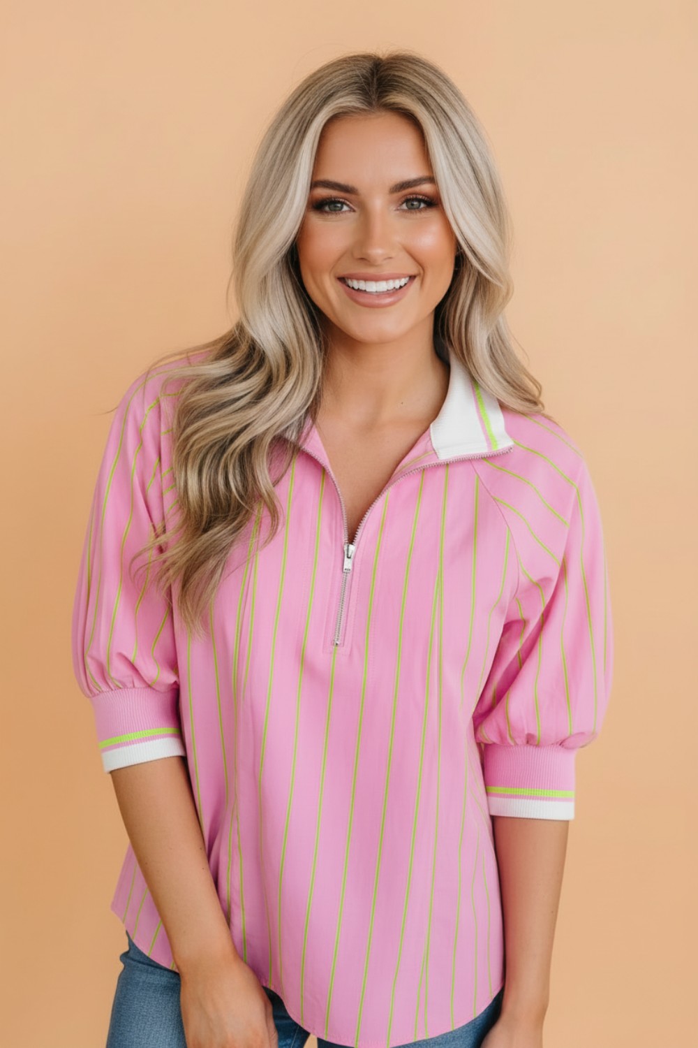 Stripe Half Zip Collared 3/4 Sleeve Blouse