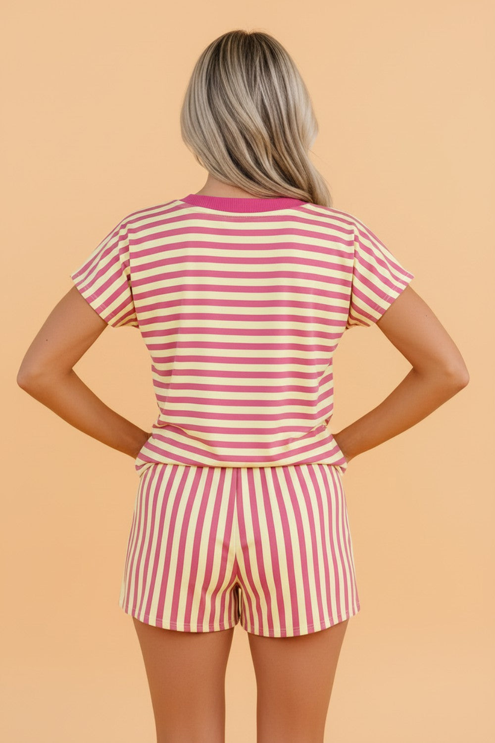 Stripe Colorblock V-Neck Tee & Drawstring Short Set
