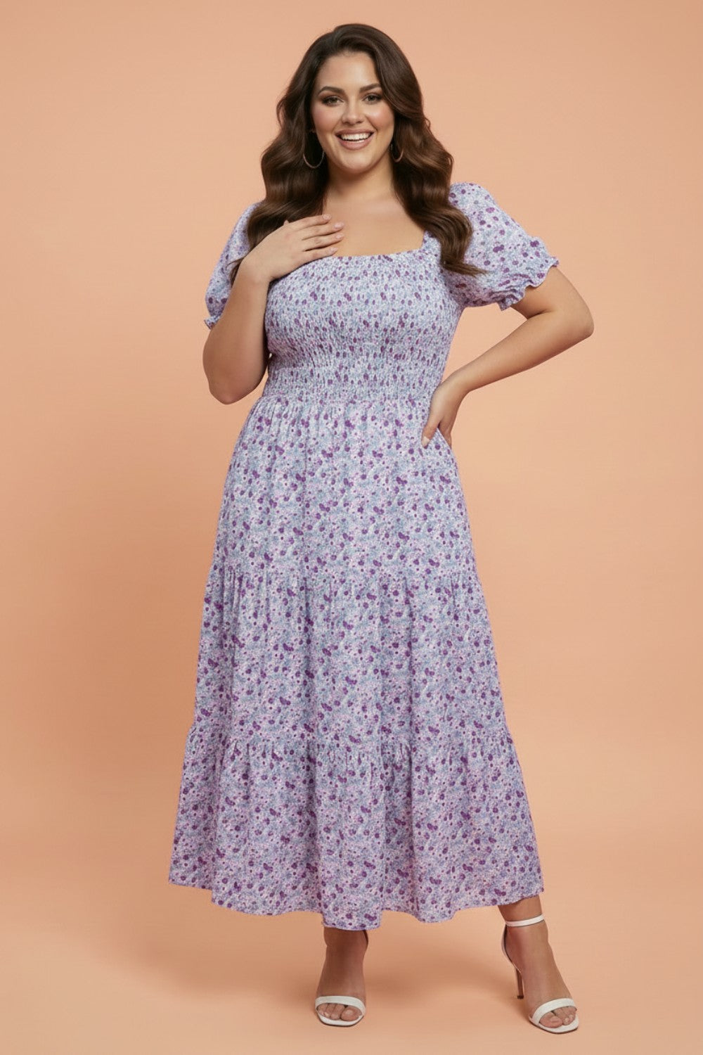 Plus Size Floral Smocked Square Neck Maxi Dress