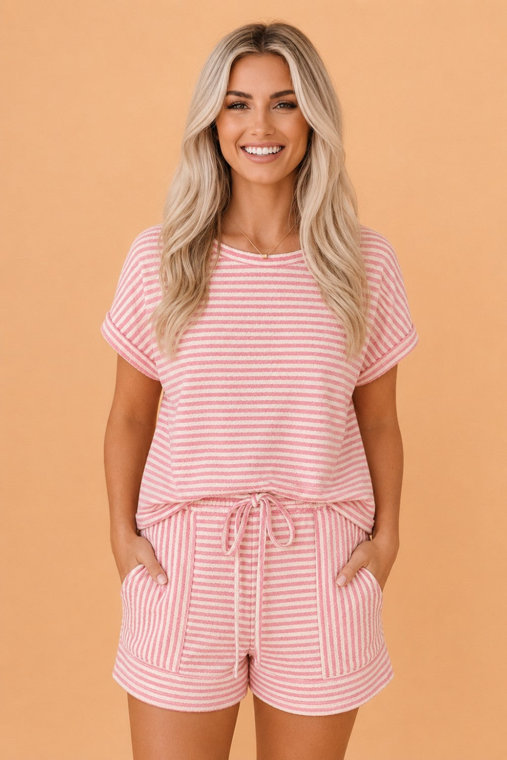 Stripe Textured Knit Top & Short Set