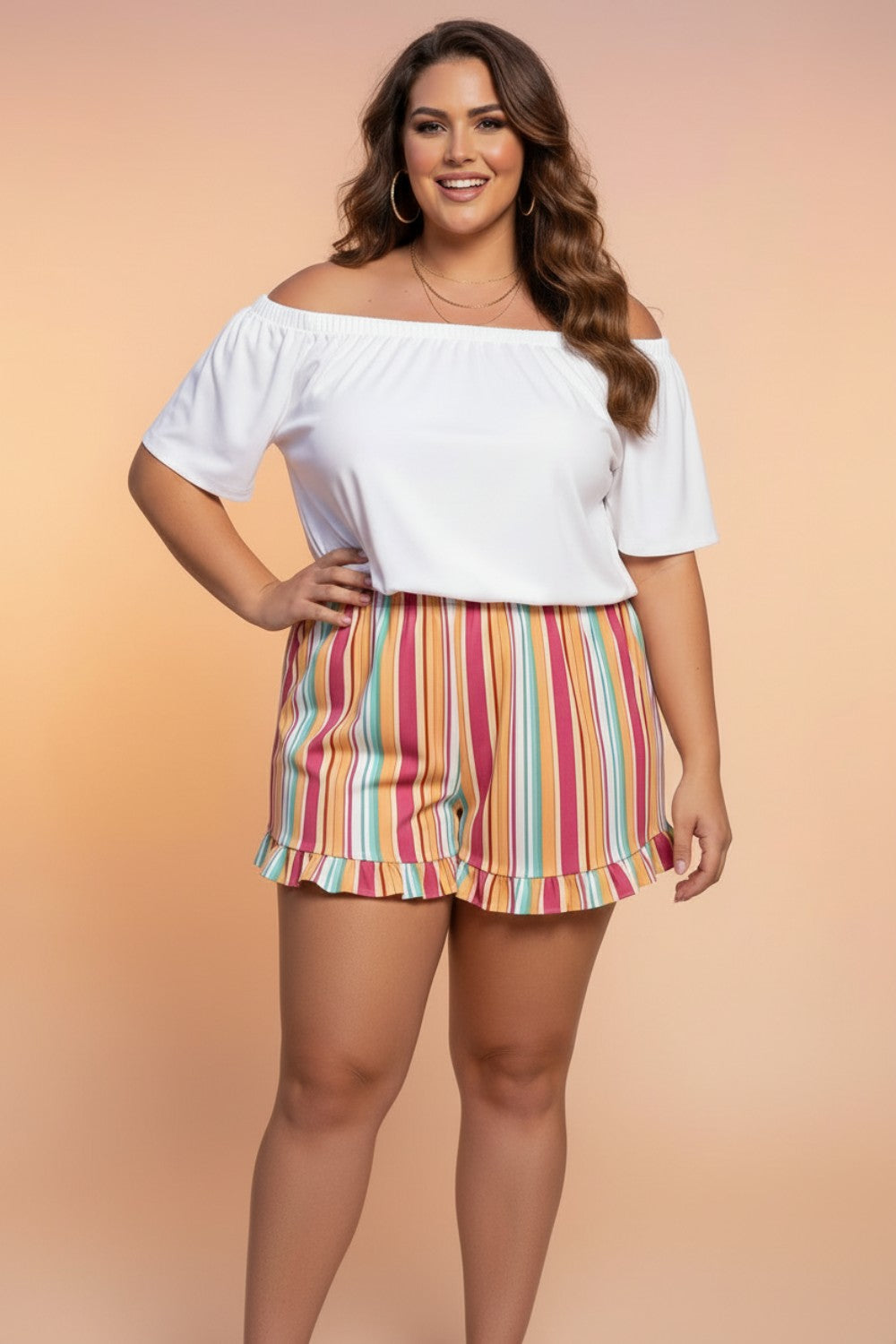 Plus Size Stripe Elastic Waist Ruffle Hem Shorts