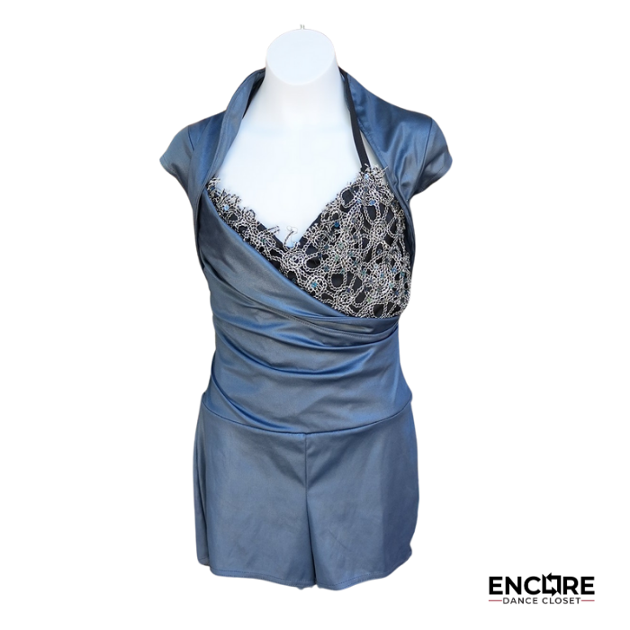 Blue Silk Onesie with Silver Applique