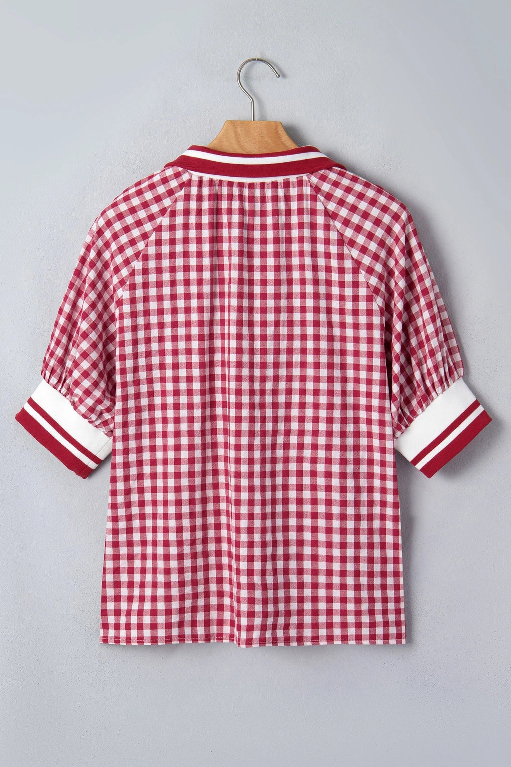 Gingham Stripe Patchwork Half Zip Collared Blouse