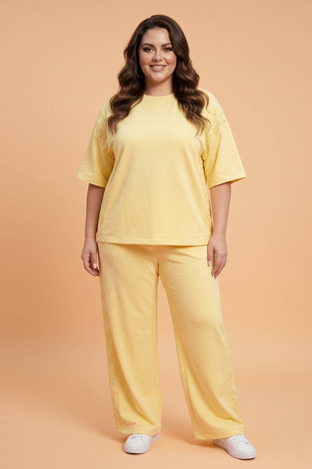 Plus Size Eyelet Embroidered Patchwork Top & Pants Set