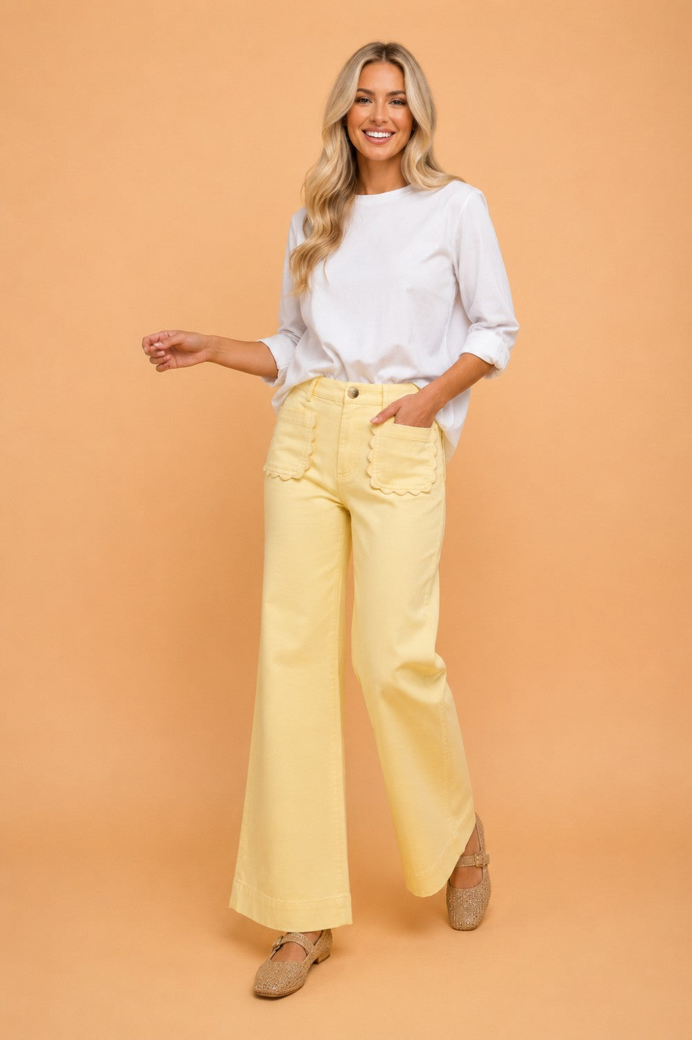 Solid Denim Scalloped Patch Pocket Shift Jeans