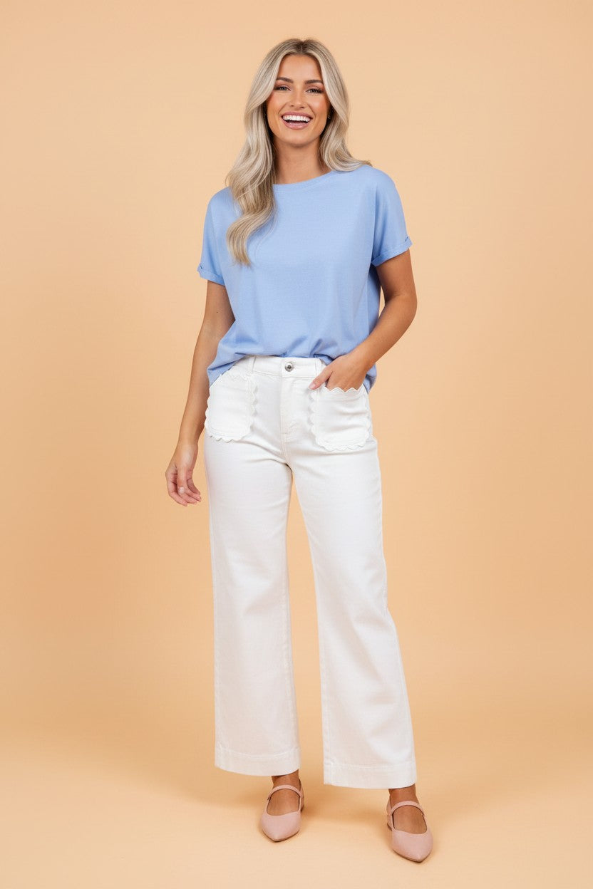Solid Denim Scalloped Patch Pocket Shift Jeans