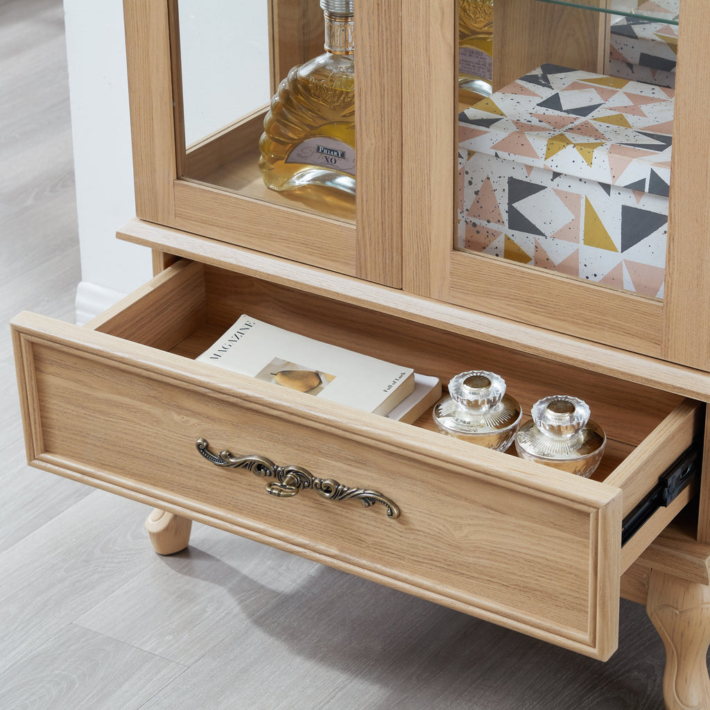 Lighted Glass Curio Display Cabinet with Adjustable Shelves - 2 Doors, 1 Drawer, LED Lights, Elegant Light Oak Finish