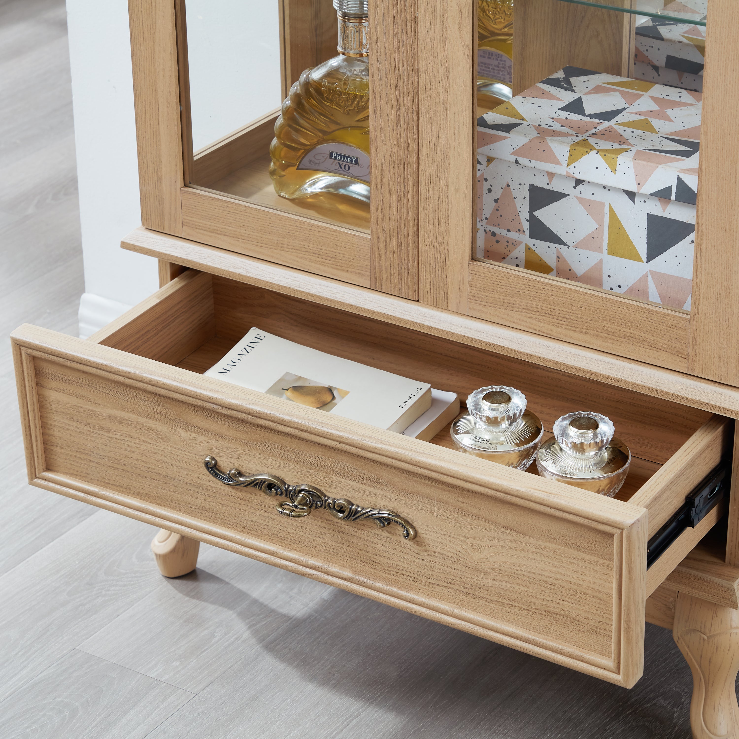 Lighted Glass Curio Display Cabinet with Adjustable Shelves - 2 Doors, 1 Drawer, LED Lights, Elegant Light Oak Finish