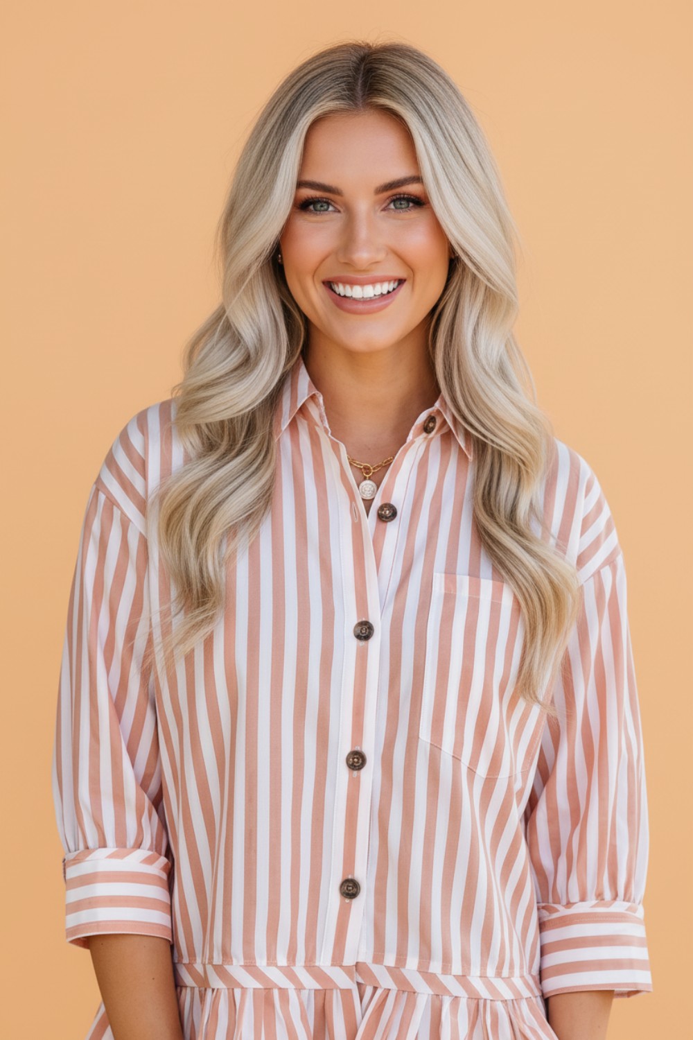 Stripe Ruffle Hem 3/4 Sleeve Buttoned Shirt