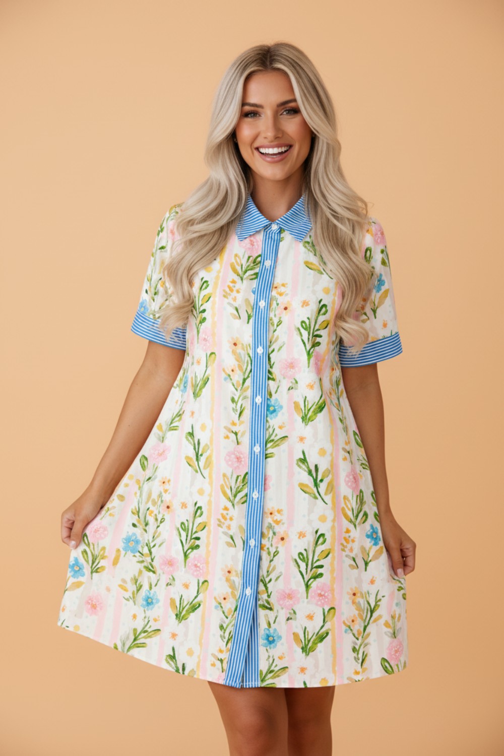 Floral Stripe Trim Button Down Dress