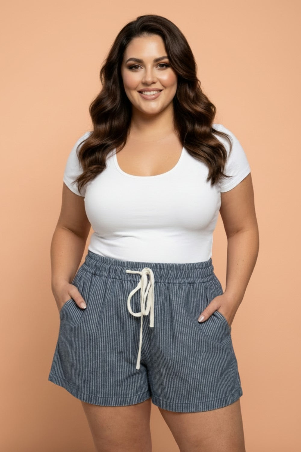 Plus Size Stripe Denim Contrast Drawstring Shorts