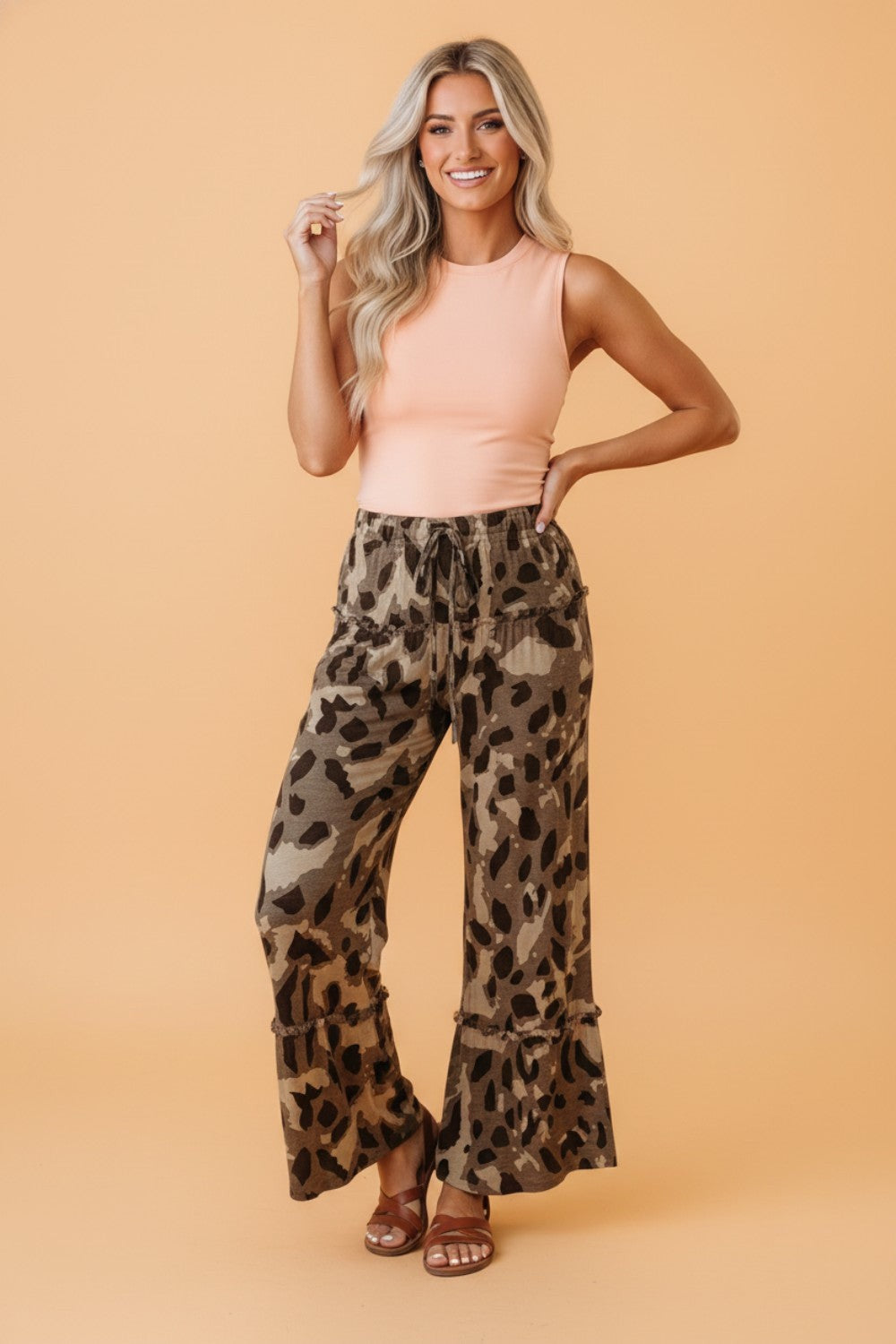 Abstract Leopard Ruffle Tiered Wide Leg Pants