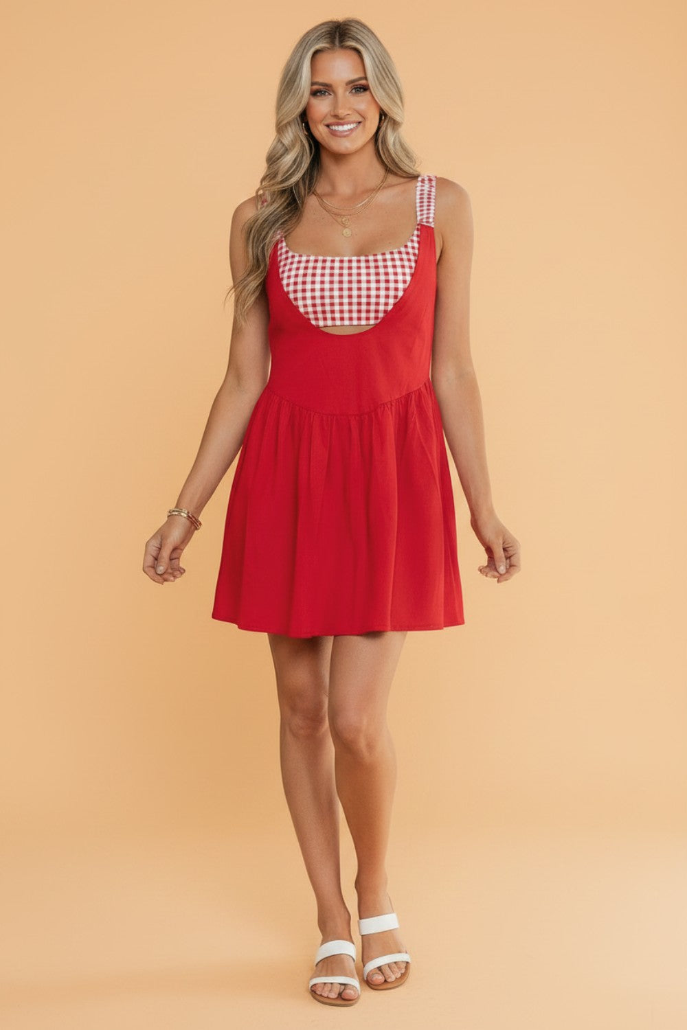 Gingham Patchwork Faux Two Piece Mini Dress