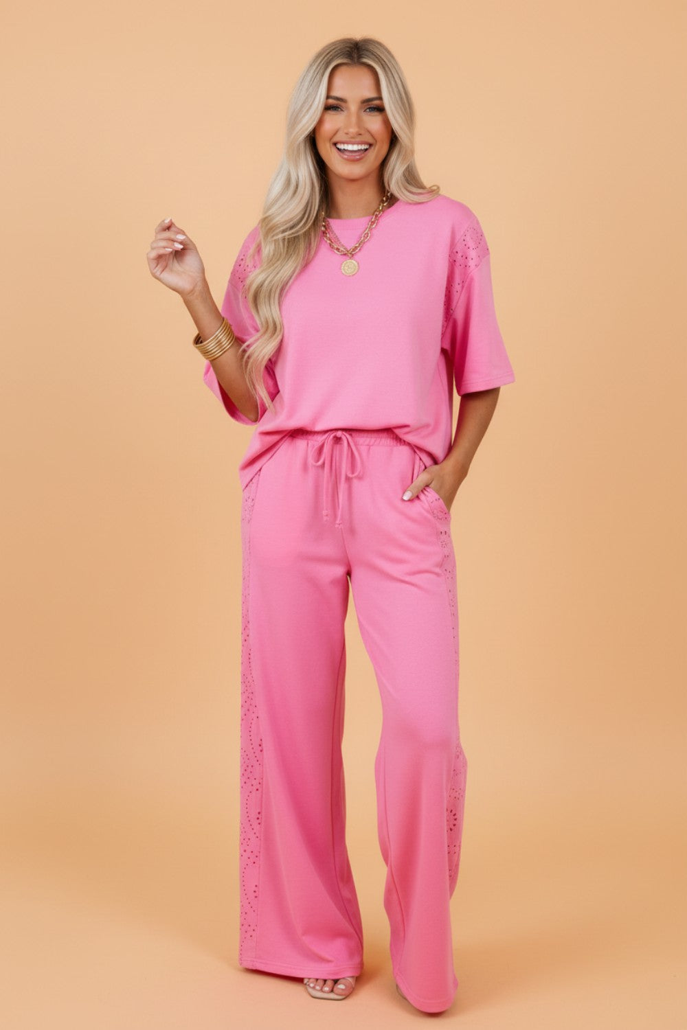 Solid Embroidered Eyelet Patchwork Top & Pants Set