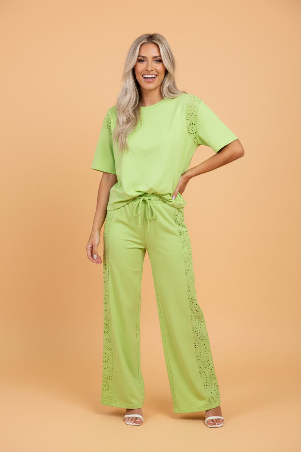 Solid Embroidered Eyelet Patchwork Top & Pants Set